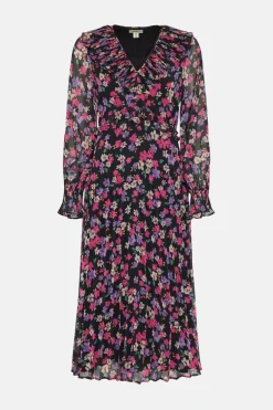 Online Oasis Pleated V Neck Floral Midi Dress Multi