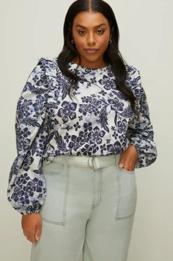 New Oasis Plus Floral Woven Mix Frill Detail Sweatshirt Ivory