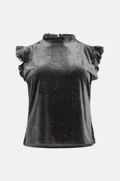 Hot Oasis Plus Glitter Velvet Frill Sleeveless Top Grey