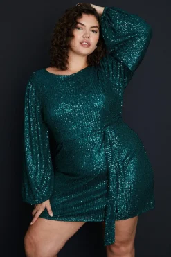 Best Oasis Plus Sequin Belted Crew Neck Shift Dress Green