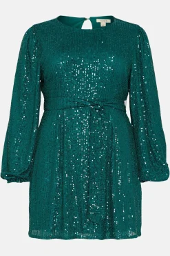 Best Oasis Plus Sequin Belted Crew Neck Shift Dress Green