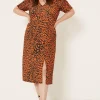 Outlet Oasis Plus Size Animal Ruched Sleeve Midi Dress Orange