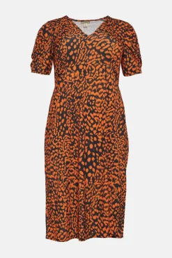 Outlet Oasis Plus Size Animal Ruched Sleeve Midi Dress Orange