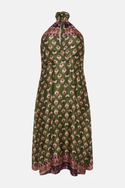 Hot Oasis Plus Size Border Placement Printed Halter Dress Khaki
