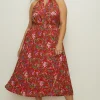 Outlet Oasis Plus Size Botanical Floral Halter Pleated Dress Red