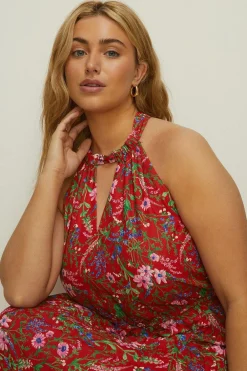 Outlet Oasis Plus Size Botanical Floral Halter Pleated Dress Red