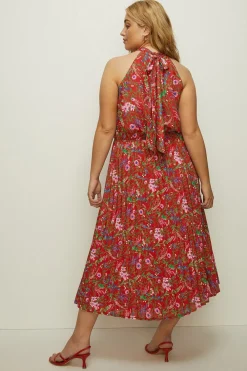 Outlet Oasis Plus Size Botanical Floral Halter Pleated Dress Red