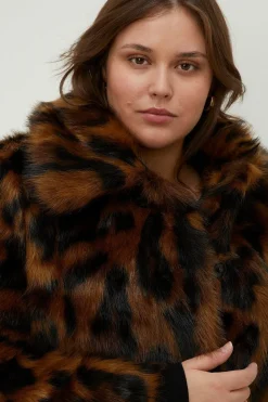 New Oasis Plus Size Collared Animal Faux Fur Coat Brown
