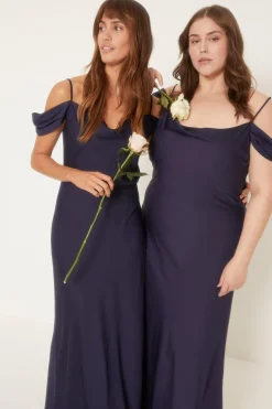 Hot Oasis Plus Size Cowl Satin Bias Midaxi Dress Navy