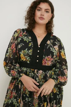 Sale Oasis Plus Size Dark Floral Lace Dobby V Midi Dress Black