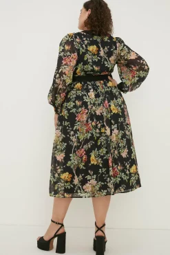 Sale Oasis Plus Size Dark Floral Lace Dobby V Midi Dress Black