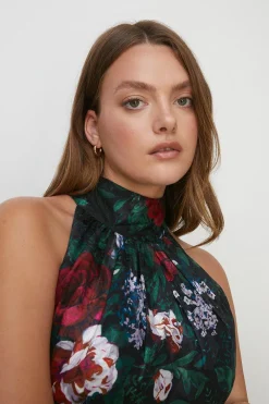 Hot Oasis Plus Size Dark Floral Satin Burnout Dress Black