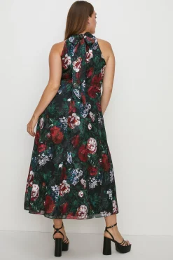 Hot Oasis Plus Size Dark Floral Satin Burnout Dress Black