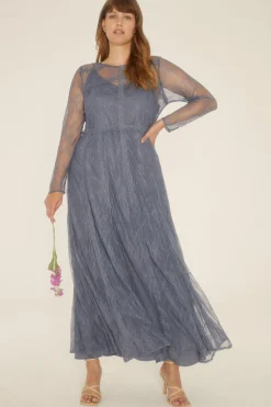 Sale Oasis Plus Size Delicate Lace Long Sleeve Dress Slate Blue