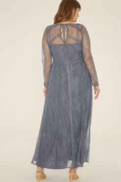 Sale Oasis Plus Size Delicate Lace Long Sleeve Dress Slate Blue