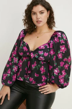 Discount Oasis Plus Size Dobby Satin Floral Tie Front Top Black