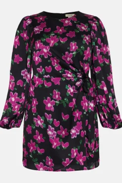 Hot Oasis Plus Size Dobby Satin Floral Tie Side Dress Black