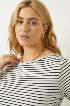 Sale Oasis Plus Size Essential Stripe Cotton Slash Neck Top Blackwhite