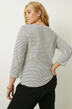 Sale Oasis Plus Size Essential Stripe Cotton Slash Neck Top Blackwhite