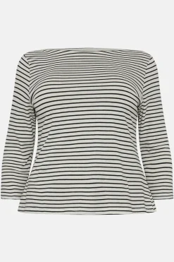Sale Oasis Plus Size Essential Stripe Cotton Slash Neck Top Blackwhite