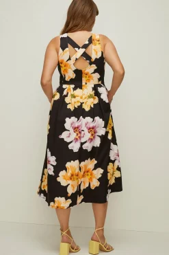 Hot Oasis Plus Size Floral Cross Back Scuba Midi Dress Black