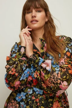 Discount Oasis Plus Size Floral Organza Midi Shirt Dress Black