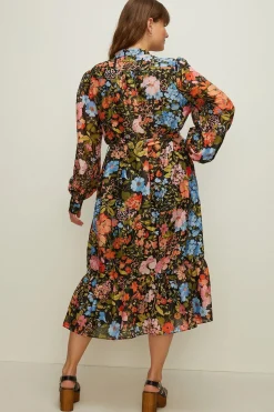 Discount Oasis Plus Size Floral Organza Midi Shirt Dress Black