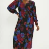 Online Oasis Plus Size Floral Printed Twist Front Crepe Midi Dress Black