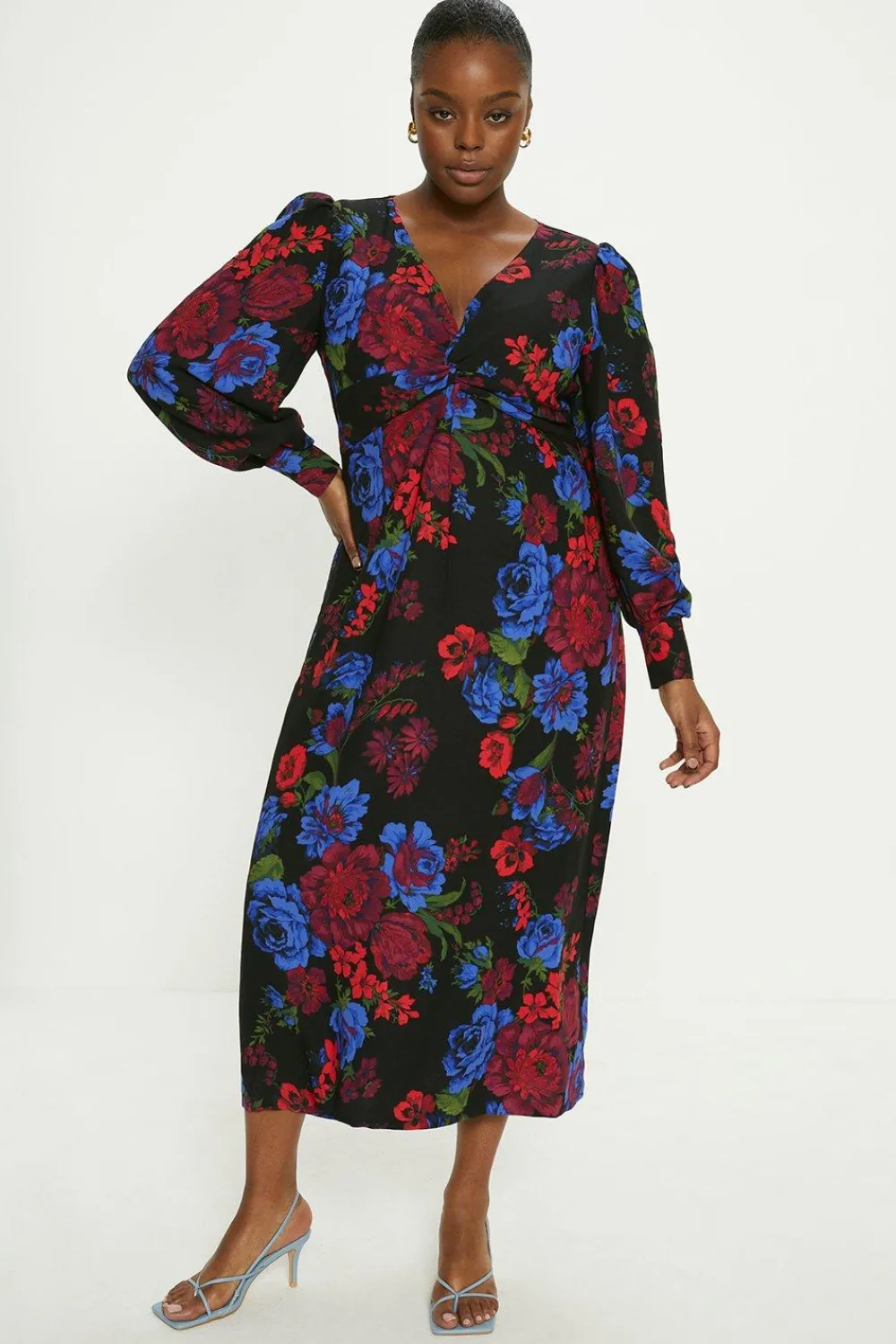 Online Oasis Plus Size Floral Printed Twist Front Crepe Midi Dress Black