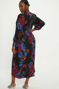 Online Oasis Plus Size Floral Printed Twist Front Crepe Midi Dress Black