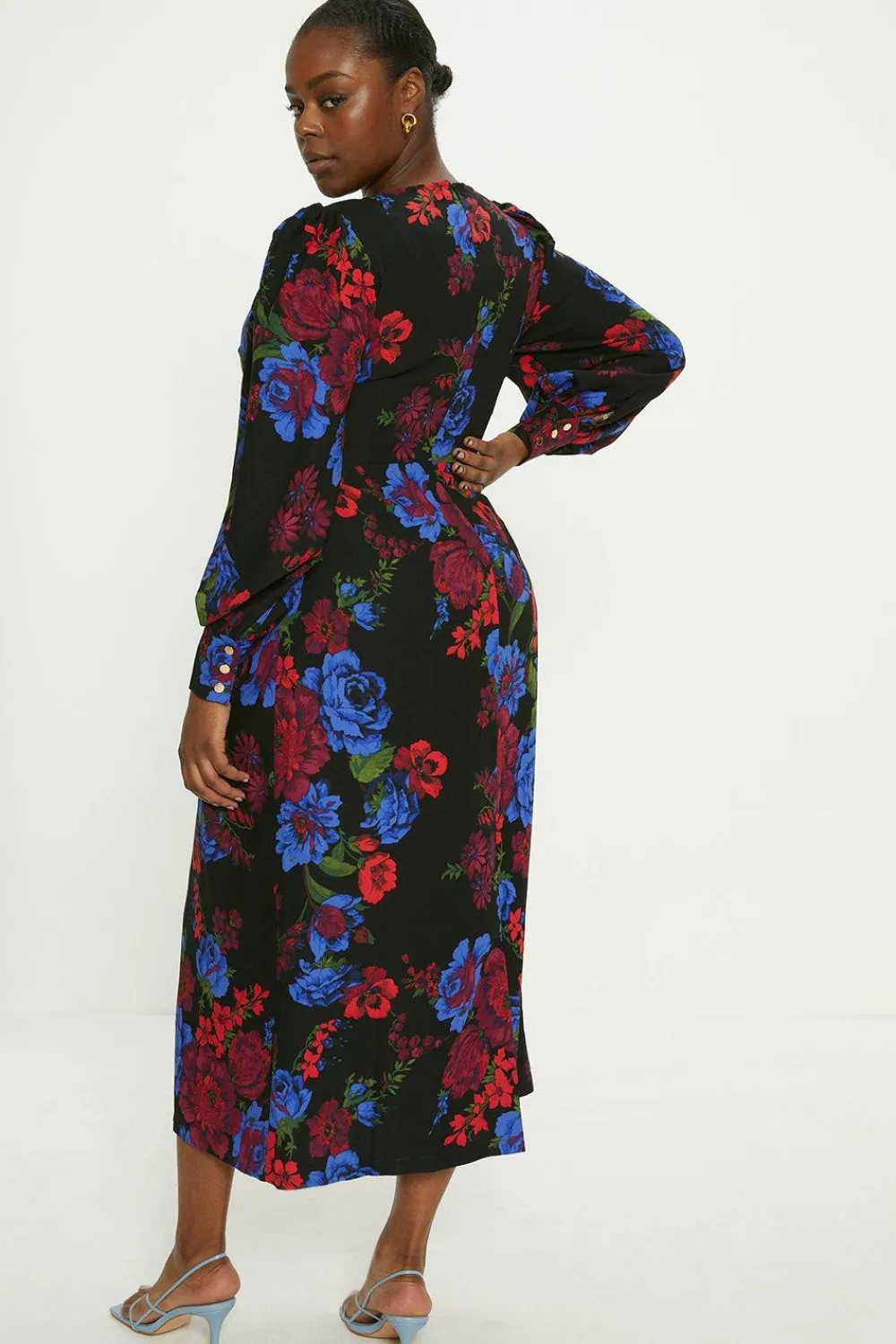 Online Oasis Plus Size Floral Printed Twist Front Crepe Midi Dress Black