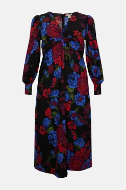 Online Oasis Plus Size Floral Printed Twist Front Crepe Midi Dress Black