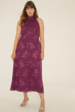 Clearance Oasis Plus Size Floral Satin Burnout Midi Dress Purple