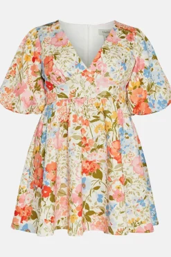 Online Oasis Plus Size Floral Scuba Puff Sleeve Skater Dress Cream