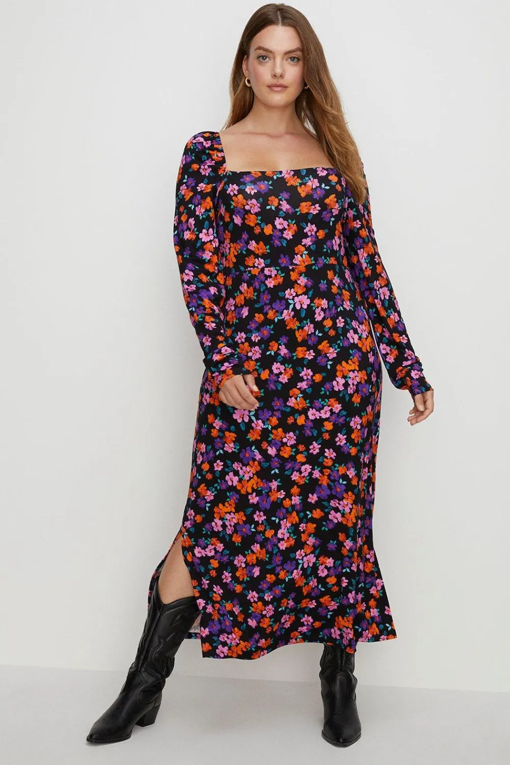 Clearance Oasis Plus Size Floral Square Neck Midi Dress Black