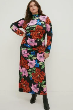 Clearance Oasis Plus Size Floral Velvet Funnel Neck Ruched Side Midi Dress Black