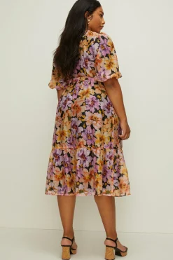 Hot Oasis Plus Size Floribunda Organza Wrap Midi Dress Black