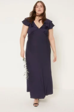 Hot Oasis Plus Size Frill Satin Bias Midaxi Dress Navy
