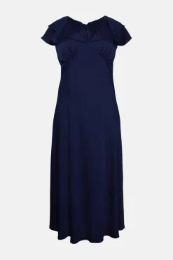 Hot Oasis Plus Size Frill Satin Bias Midaxi Dress Navy