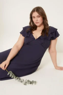 Hot Oasis Plus Size Frill Satin Bias Midaxi Dress Navy