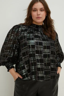 New Oasis Plus Size High Neck Metallic Floral Blouse Black