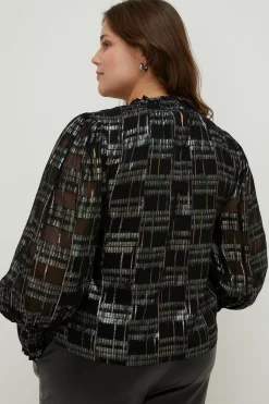 New Oasis Plus Size High Neck Metallic Floral Blouse Black