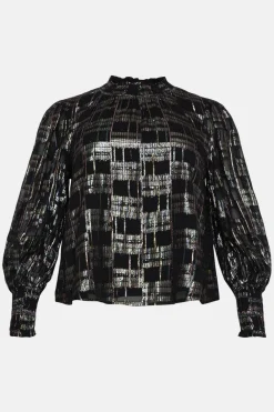 New Oasis Plus Size High Neck Metallic Floral Blouse Black