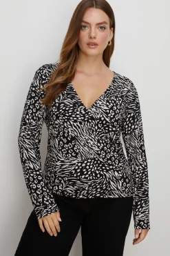 New Oasis Plus Size Jersey Animal Wrap Long Sleeve Top Mono