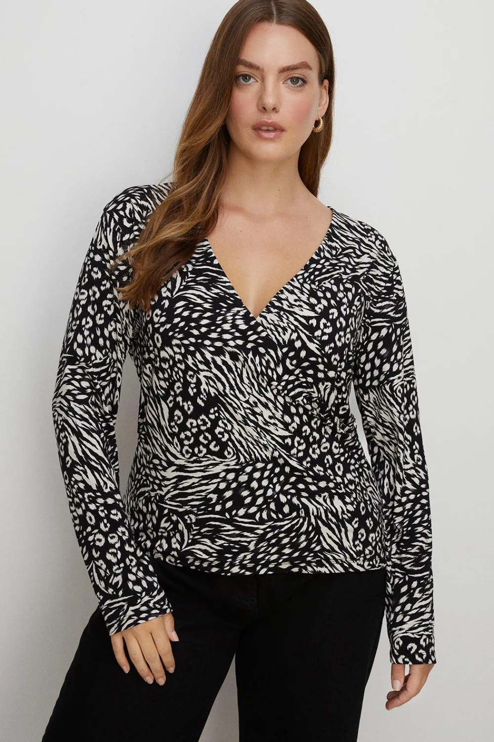 New Oasis Plus Size Jersey Animal Wrap Long Sleeve Top Mono