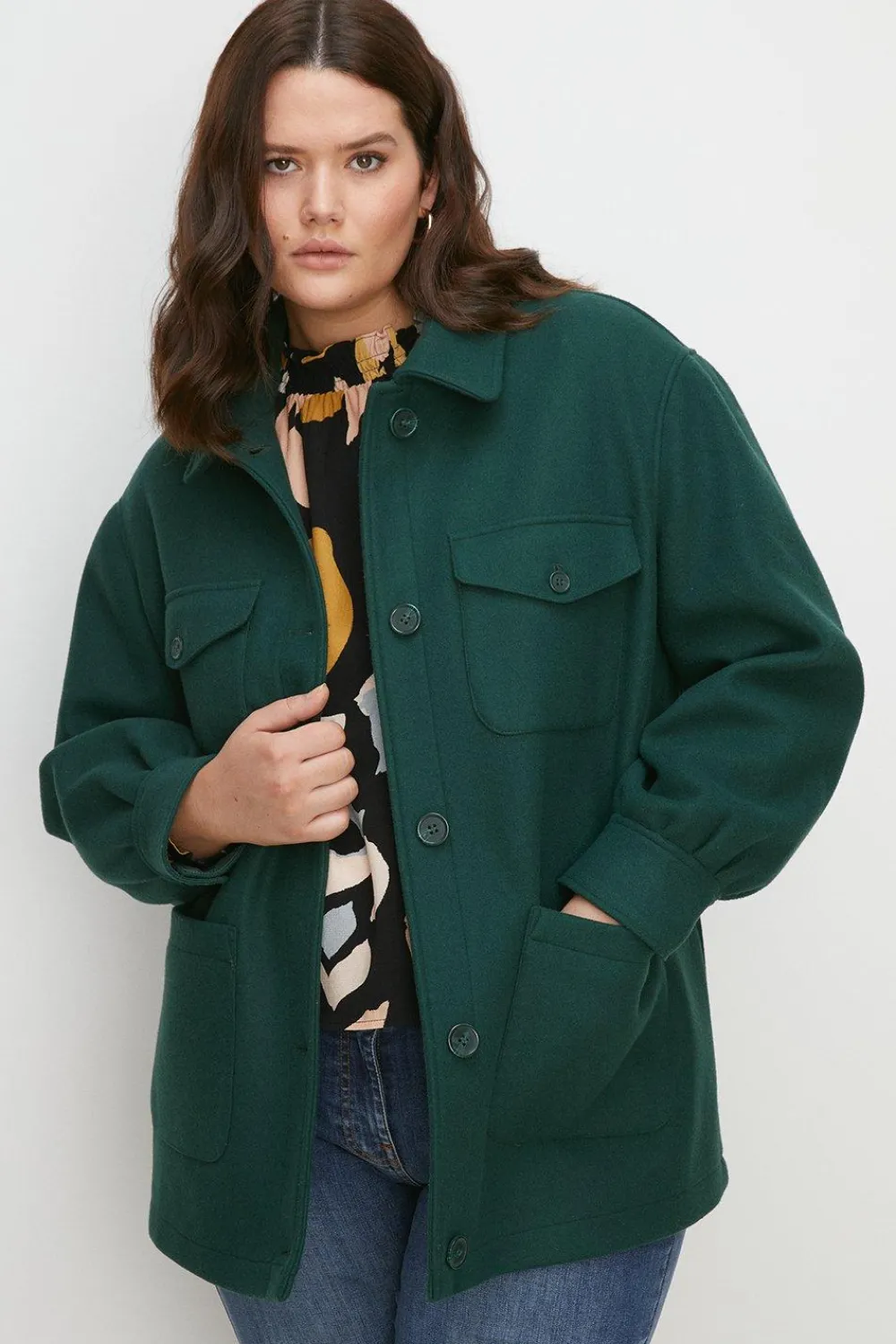 New Oasis Plus Size Knit Back Pocket Detail Overshirt Forest