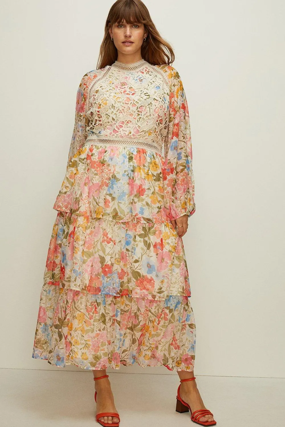 Fashion Oasis Plus Size Lace Floral Tiered Midi Dress Ivory