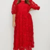 Hot Oasis Plus Size Lace Puff Sleeve Midi Dress Red