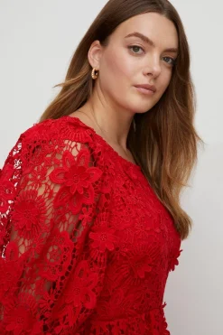 Hot Oasis Plus Size Lace Puff Sleeve Midi Dress Red