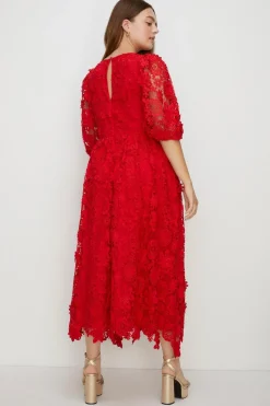 Hot Oasis Plus Size Lace Puff Sleeve Midi Dress Red